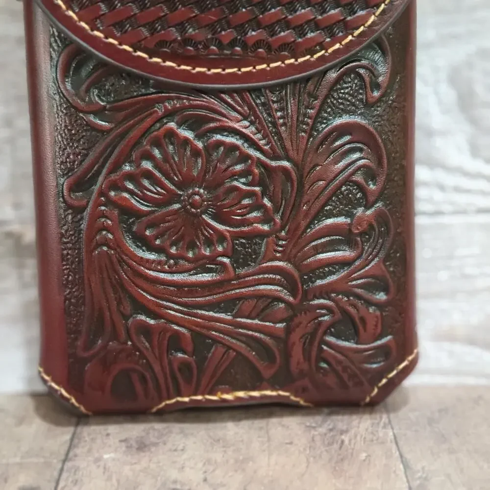 Western Cowboy Belt Loop Phone Holster Brown LARGE Genuine Leather Basketweave